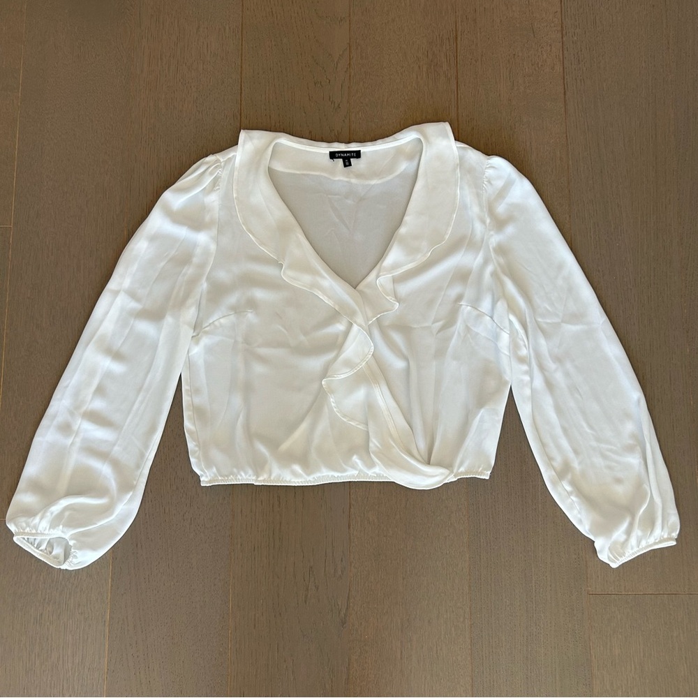 Dynamite White Ruffle Long Sleeve Wrap Top
